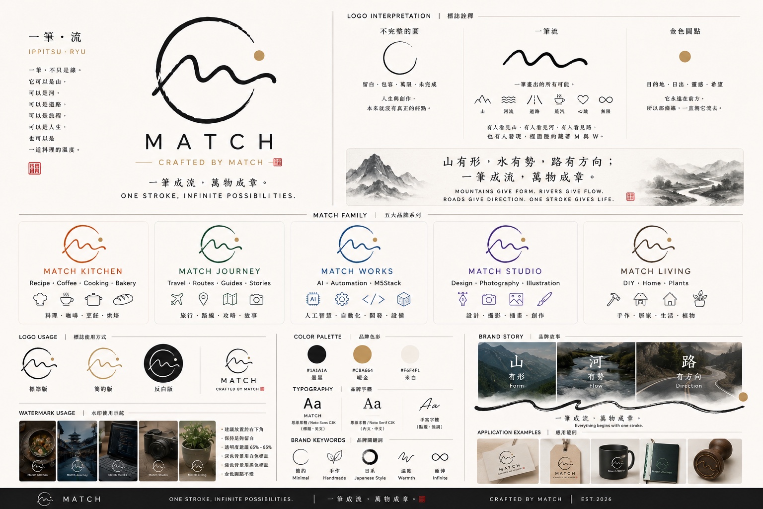 MATCH identity direction board showing the brush mark, five modules, colour palette, and brand story