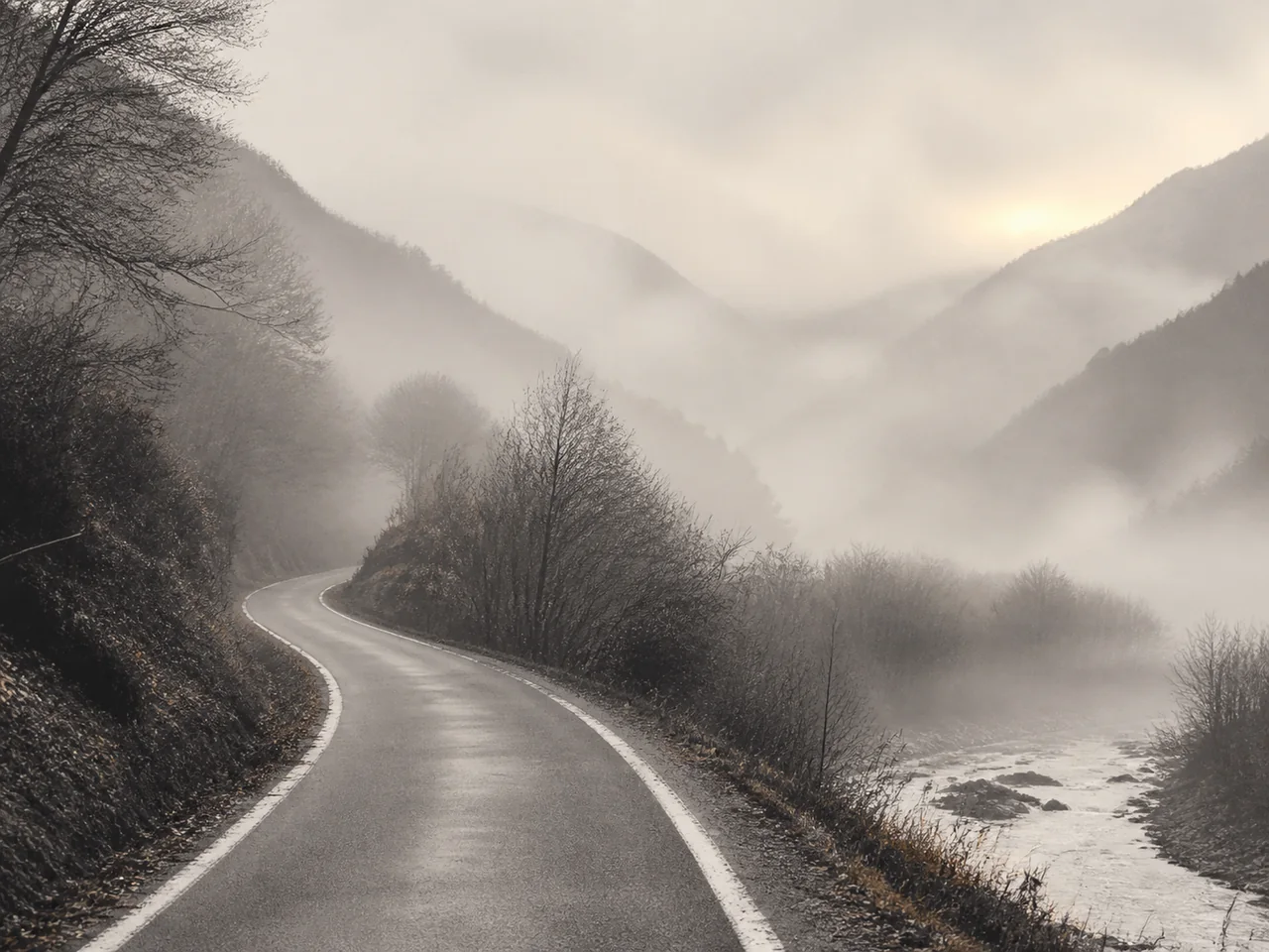 A quiet road disappearing into the mist